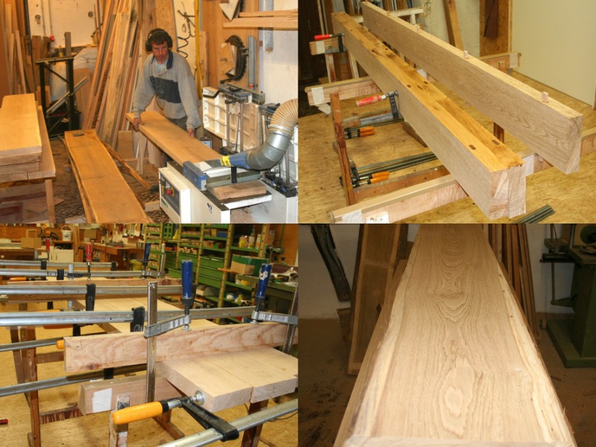 Bearbeitung eines Holzbalkens mit Tischfräse