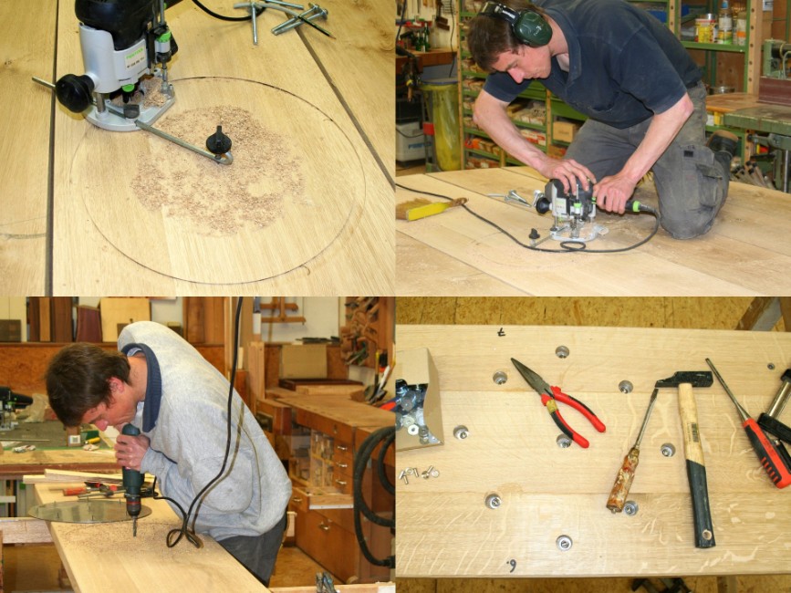 Handarbeit an einer Holzplatte in der Werkstatt