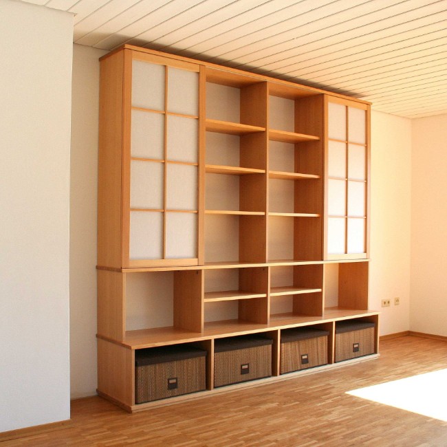 Großes Shoji-Holzregal mit Fächern und Schubladen